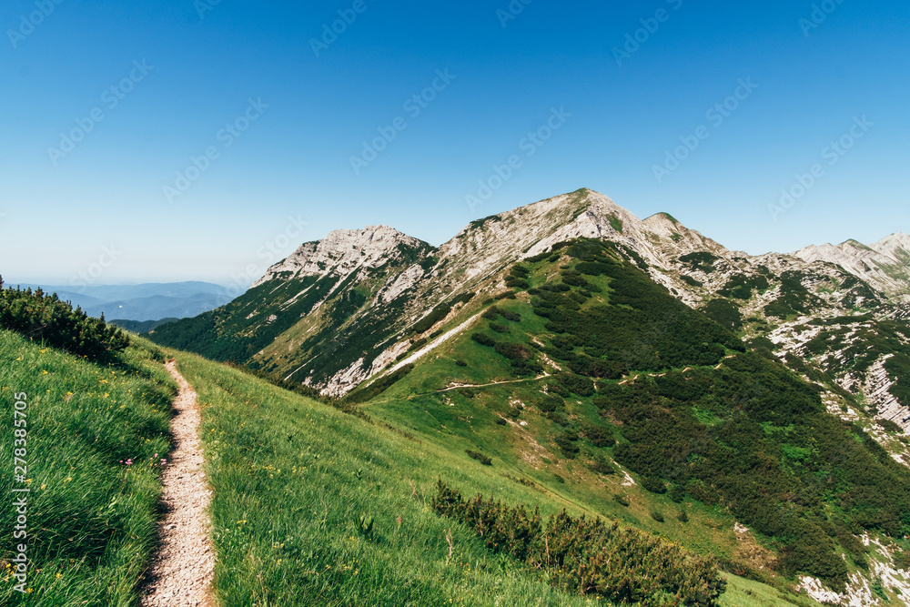 Path in the Julian Alps with mountain Vogel in the background, Slovenia, Europe.