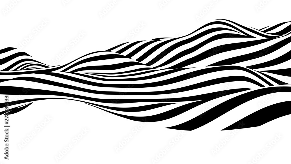 Optical illusion wave. Abstract 3d black and white illusions. Horizontal lines stripes pattern or background with wavy distortion effect. Vector illustration.