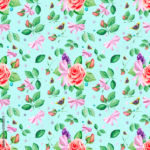 Seamless background with delicate rose buds, green leaves, bows, butterflies and pearls. Delicate watercolor background for textile, Wallpaper or packaging.