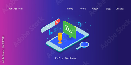 Voice search application, voice assistance on smartphone, 3d isometric style concept with icons and text.
