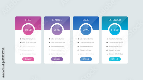 Price table / Price comparison table for web site - Vector template
