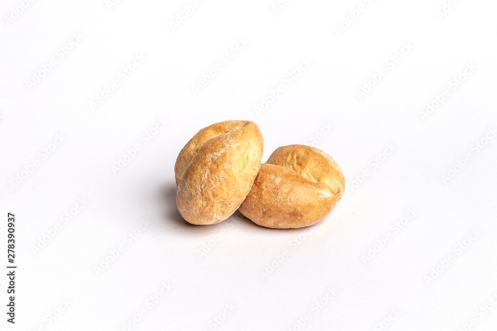 Freshly baked bread rolls isolated on white background.