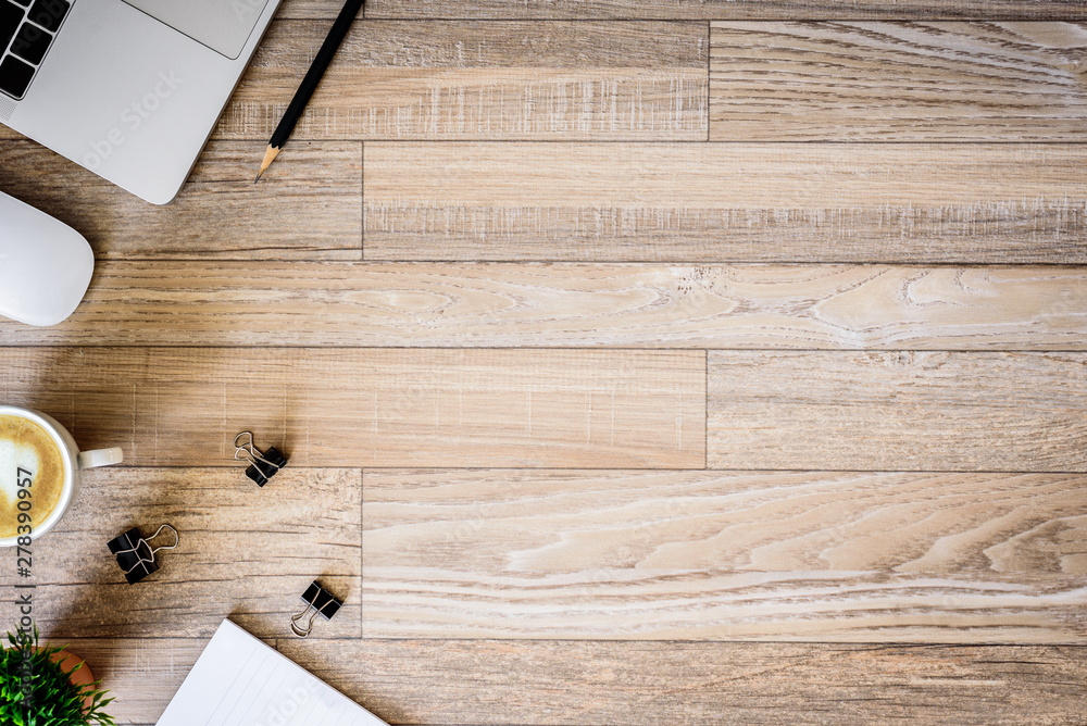 The office desk flat lay view with laptop, mouse, tree, black clip, heart  latte coffee cup, notebook, pencil on wood texture background. Stock Photo  | Adobe Stock