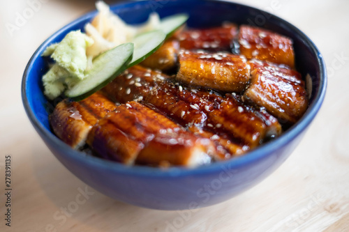 Unagi donburi (Unadon), Charcoal grilled eel over rice, Japanese food.