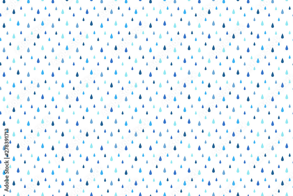 Rain seamless repeat vector background. Falling water drops, raindrops, droplets, tears. Autumn, fall pattern. Shades of blue aquatic rainy decoration, ornament. Border, frame template.