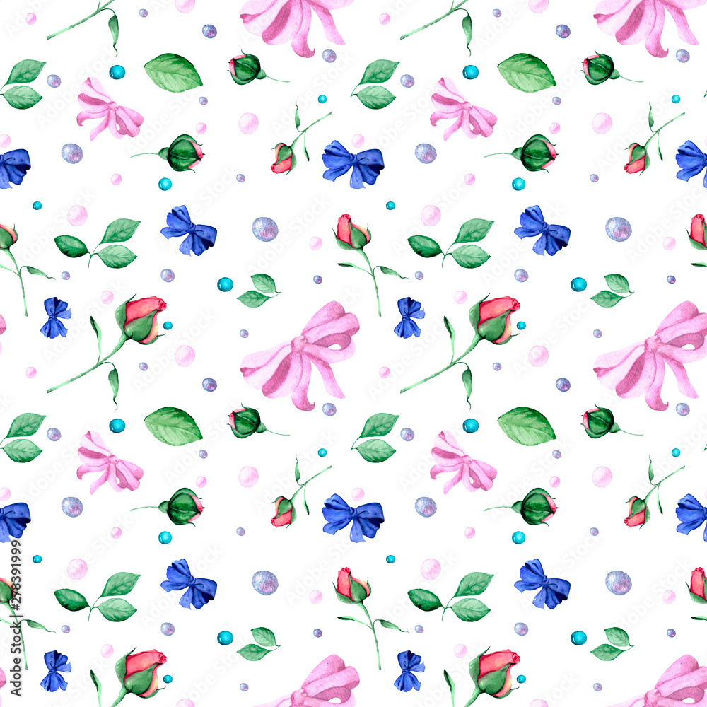 Seamless pattern with delicate rose buds, green leaves, silk bow and pearl pearls. Watercolor illustration for textiles, packaging, Wallpapers and beautiful Botanical backgrounds.