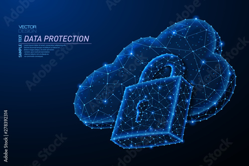 Abstract polygonal light design of cloud storage with lock sign.