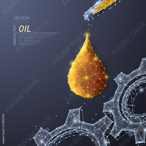 Abstract polygonal light design of cog gear with oil drop, pipette.