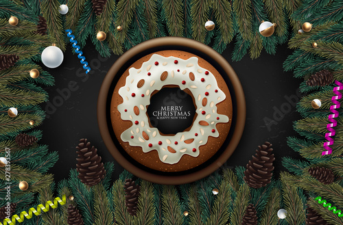 Christmas cake with fruits and nuts on wooden table, top view. Vector illustration