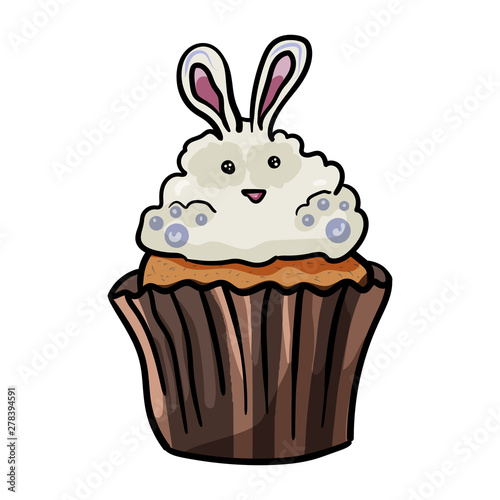 Easter baking with decoration. Muffin or cupcake with a cute rabbit. - Vector.