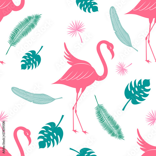 Tropical silhouette vector seamless pattern. Flamingo, coconut palm leaf, fan palm and banana leaf texture.
