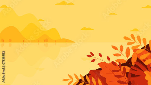 Nature autumn landscape background. Seasonal beautiful banner with autumn leaves. Social media banner, promo design template. Vector illustration in flat style.