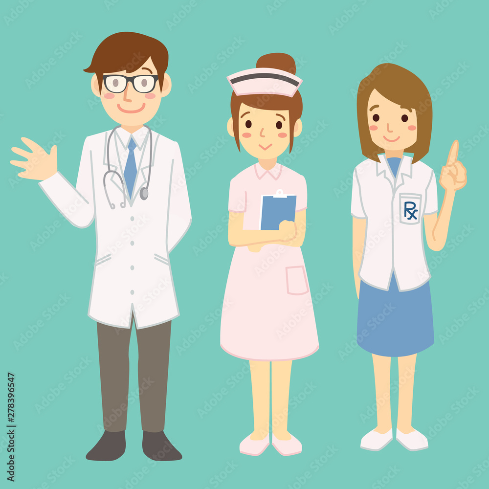 Health care medical hospital team vector cartoon character include doctor nurse and pharmacist standing full body Health care medical hospital team vector cartoon character include doctor nurse and pharmacist standing full body