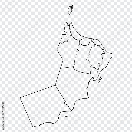 Blank map Oman. High quality map of  Oman with provinces on transparent background for your web site design, logo, app, UI. Stock vector. Vector illustration EPS10.