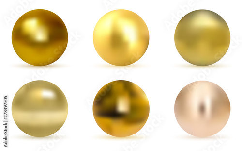 Gold glossy sphere set isolated on white. Golden ball. Realistic gold sphere. Set of pearls