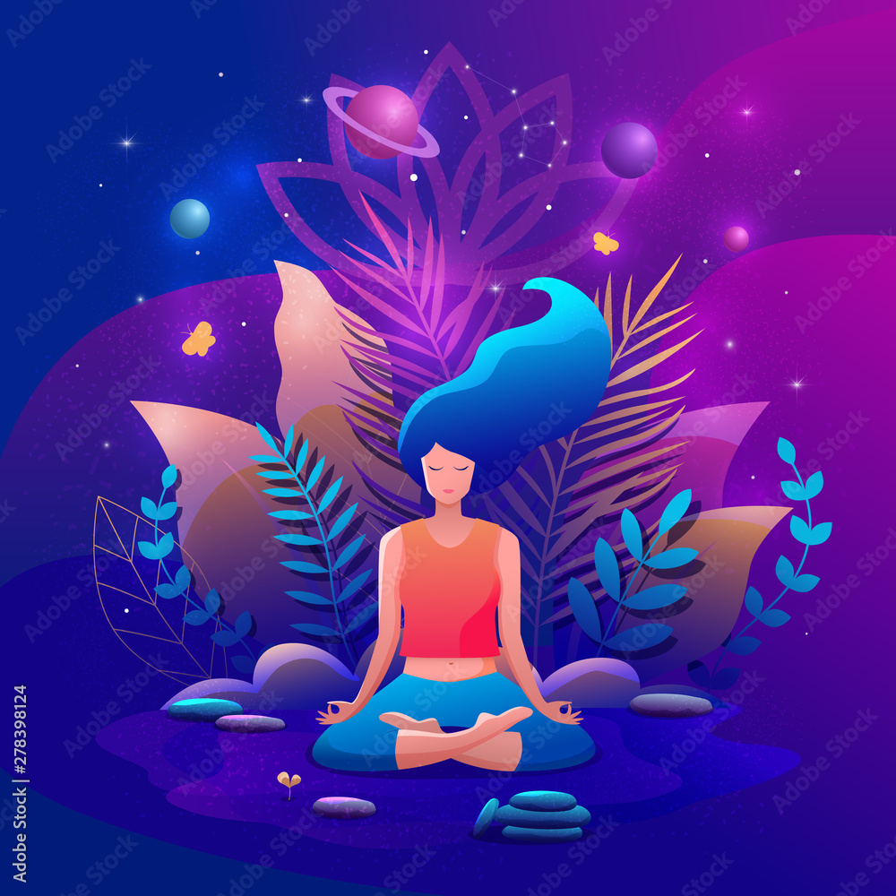 Woman sitting in lotus position practicing meditation. Yoga girl vector illustration. Woman sitting in lotus position practicing meditation. Yoga girl vector illustration.