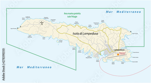 road map of the italian mediterranean sea island Lampedusa Italy
