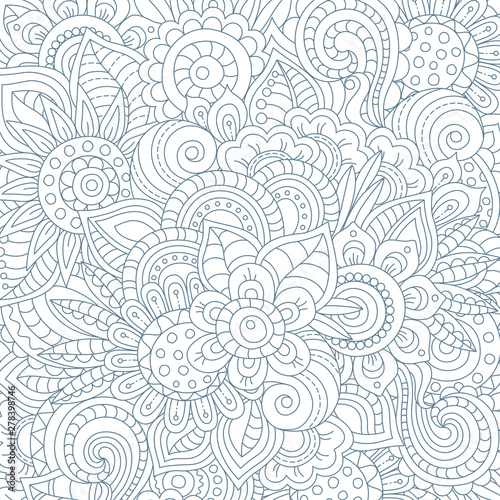 Flowers and leaves zentangle art background, doodle patterns, white-gray color. Floral abstract background.