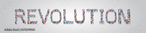 people crowd gathering in shape of revolution word different occupation employees mix race workers group standing together social media community concept flat horizontal