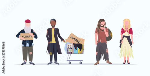 mix race beggars standing together male female tramps begging for help homeless concept flat full length white background horizontal