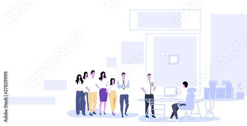businesspeople group standing in line queue to hr manager holding cv resume interviewing candidate curriculum vitae recruitment job position concept office interior doodle horizontal full length