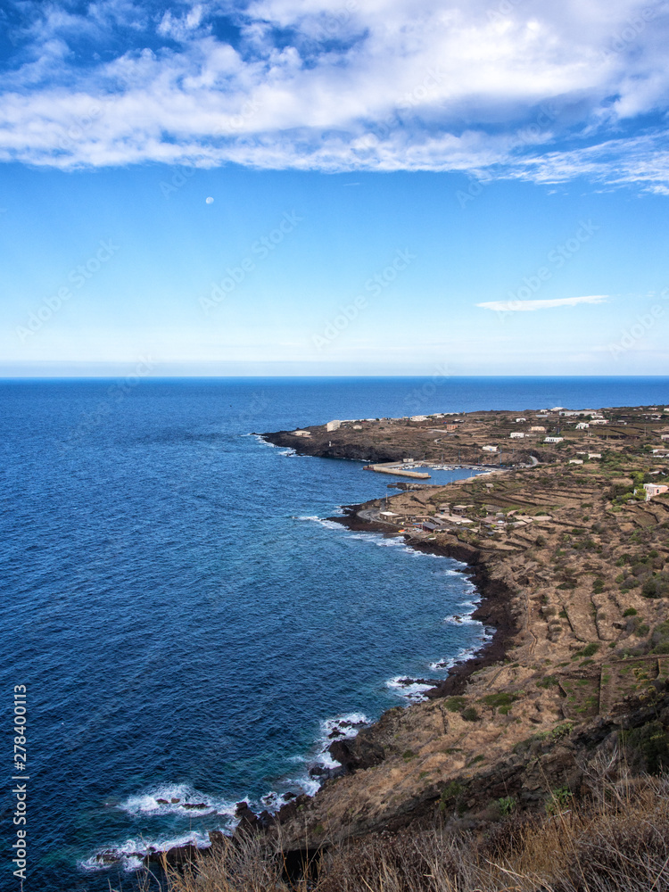 sky, sea and coastal landscape of the island of Pantelleria, Italy