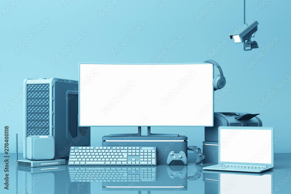 Computer and loptop white screen with many gadgets on teble in pastel blue tone. 3d rendering Computer and loptop white screen with many gadgets on teble in pastel blue tone. 3d rendering