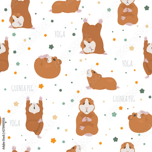 Guinea pig yoga poses and exercises. Cute cartoon seamless pattern