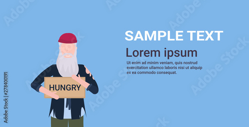 man beggar holding sign board with hungry text tramp begging for help homeless concept flat portrait horizontal copy space