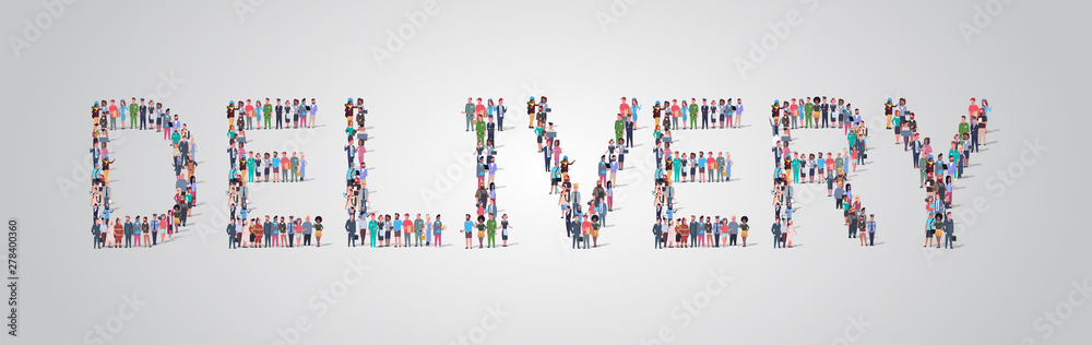 people crowd gathering in shape of delivery word different occupation employees mix race workers group standing together social media community concept flat horizontal people crowd gathering in shape of delivery word different occupation employees mix race workers group standing together social media community concept flat horizontal
