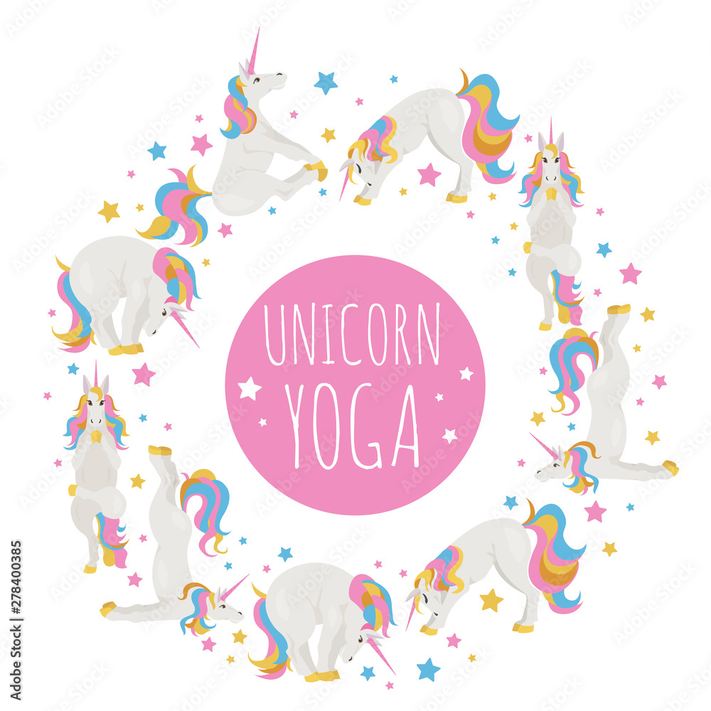 White unicorn yoga poses and exercises. Cute cartoon clipart set