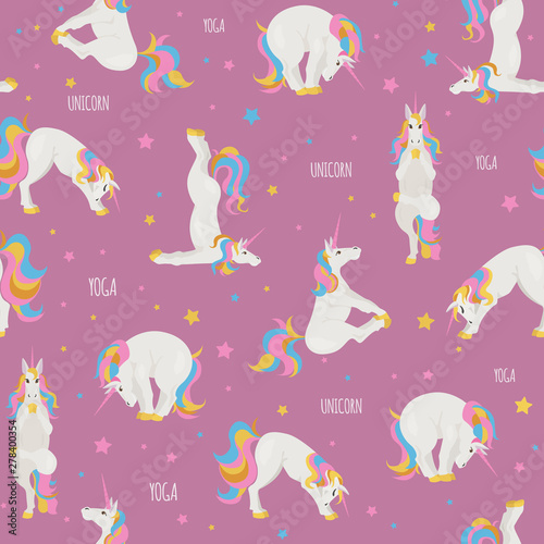 White unicorn yoga poses and exercises. Cute cartoon seamless pattern photo
