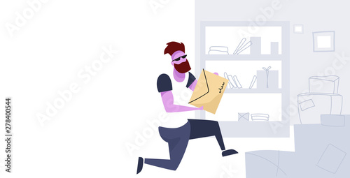 postman carrying envelope man holding important letter post office postal service correspondence delivery concept sketch doodle full length horizontal