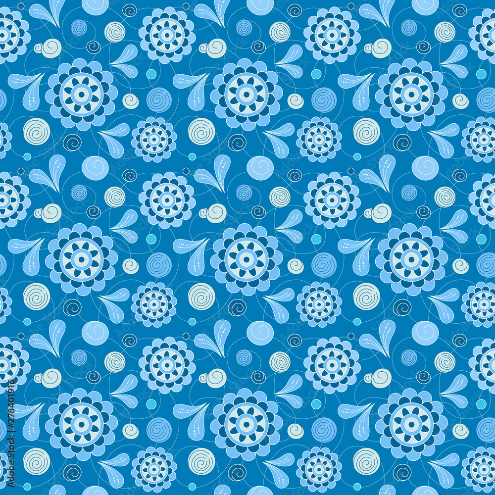 Vector seamless background: on a blue background flowers, petals, lines, spirals, circles. Vector seamless background: on a blue background flowers, petals, lines, spirals, circles.