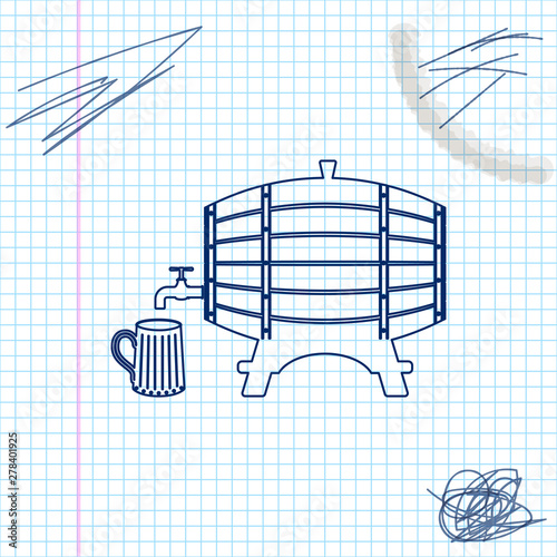 Wooden barrel on rack with stopcock and wooden beer mug line sketch icon isolated on white background. Vector Illustration