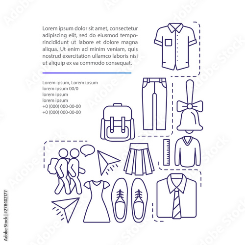 School uniform article page vector template. Pupils fashion. Brochure  magazine  booklet design element with linear icons and text boxes. Print design. Concept illustrations with text space