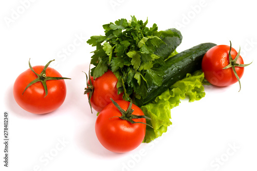 Green vegetables, tomatoes, cucumbers isolated. Antioxidants
