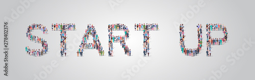 people crowd gathering in shape of start up word different occupation employees mix race workers group standing together social media community concept flat horizontal