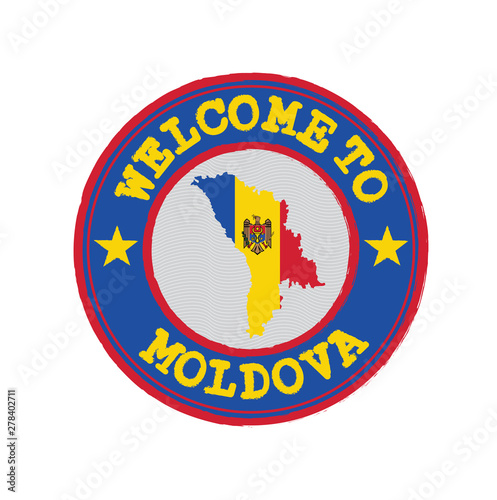 Vector Stamp of welcome to Moldova with nation flag on map outline in the center.