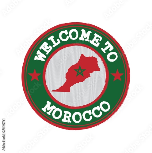 Vector Stamp of welcome to Morocco with nation flag on map outline in the center.