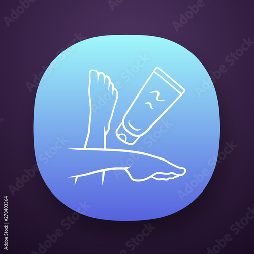 Moisturizing foot cream, sunblock app icon. Feminine hygiene, body care. UI/UX user interface. Web or mobile application. Vector isolated illustration. Cosmetology, skincare product, suntan protection