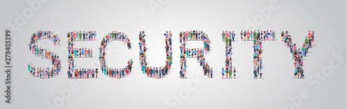 people crowd gathering in shape of security word different occupation employees mix race workers group standing together social media community concept flat horizontal
