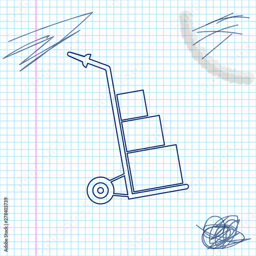 Hand truck and boxes line sketch icon isolated on white background. Dolly symbol. Vector Illustration