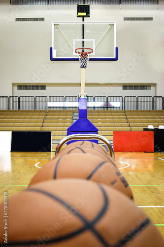  The basketball ball is placed in a row in the stadium.