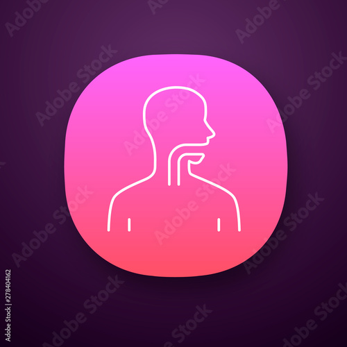 Healthy throat app icon. Oral cavity, pharynx and esophagus in good health. Upper section of alimentary canal. UI/UX user interface. Web or mobile application. Vector isolated illustration