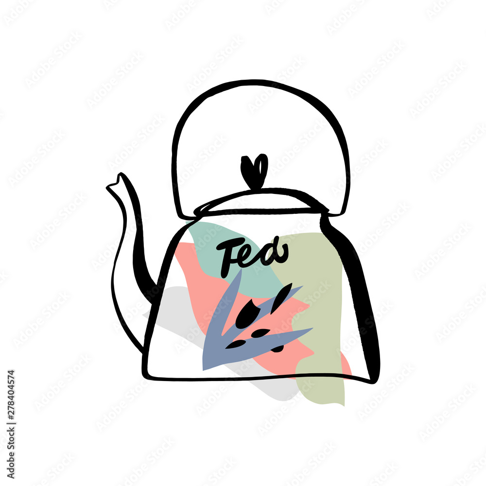 Tea time 5 o'clock concept. Hand drawn vintage print with teapot.