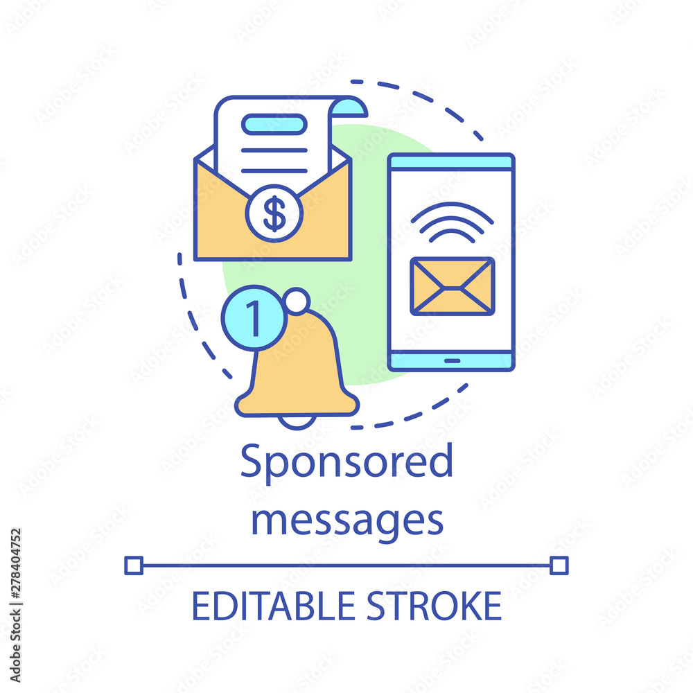 Sponsored messages concept icon. PPC channel idea thin line illustration. Promoted post. Consumer generated advertising. Digital marketing. Vector isolated outline drawing. Editable stroke Sponsored messages concept icon. PPC channel idea thin line illustration. Promoted post. Consumer generated advertising. Digital marketing. Vector isolated outline drawing. Editable stroke