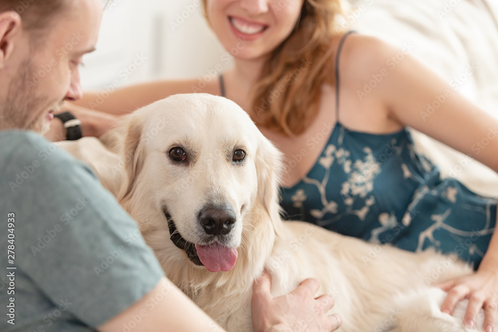 Happy family couple young girl and cute guy spends time sitting with his beloved dog in the cozy room of his country house Happy family couple young girl and cute guy spends time sitting with his beloved dog in the cozy room of his country house