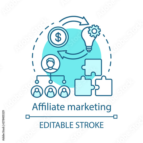 Affiliate marketing blue concept icon. Digital marketing tactic idea thin line illustration. Product promotion. Online sales. Earning commissions. Vector isolated outline drawing. Editable stroke