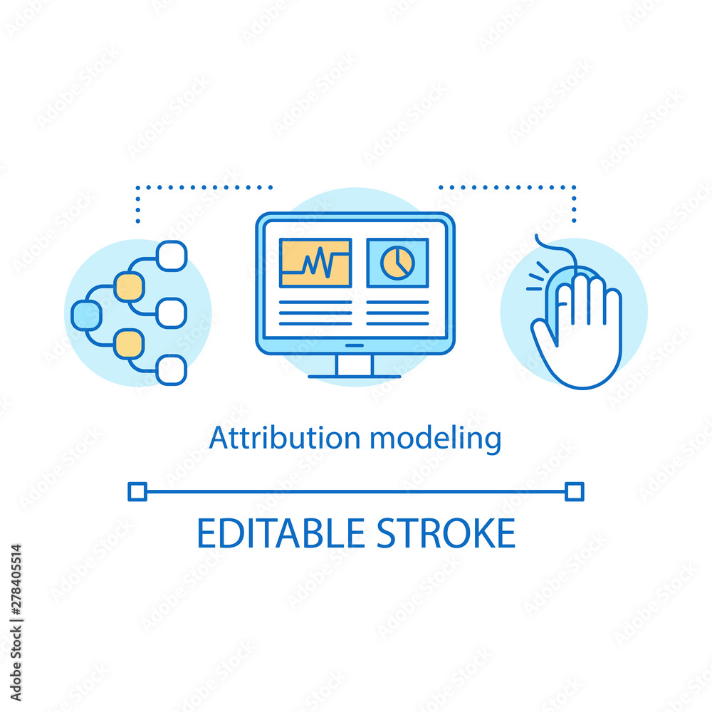 Attribution modeling concept icon. Digital marketing benefit idea thin line illustration. Web analytics, marketing activity, touchpoints. Vector isolated outline drawing. Editable stroke